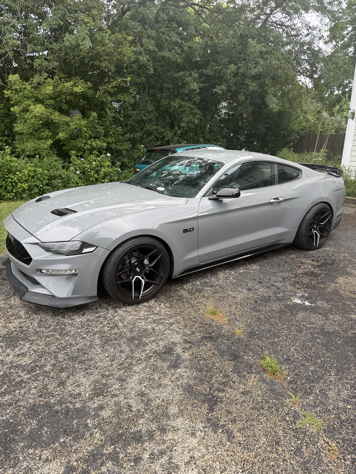 Full view of a silver Ford Mustang with black wheels and rear spoiler