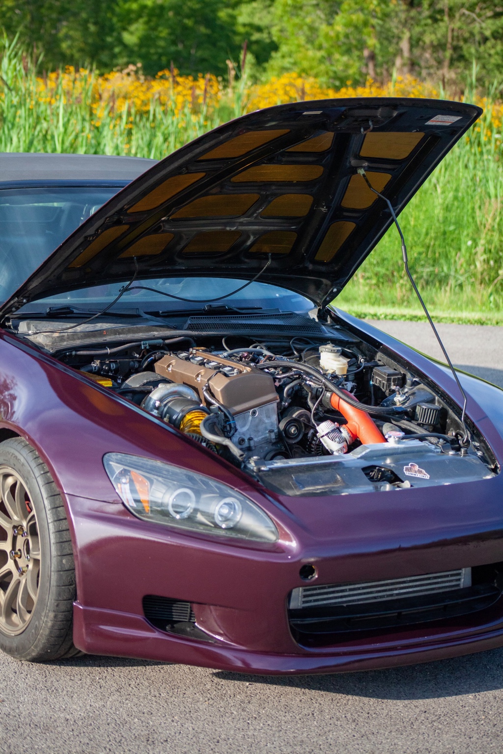 Three-quarter view of the open Honda S2000 engine bay